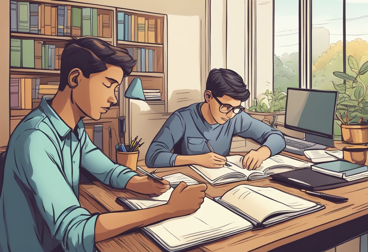 A student confidently asking for help with homework at a desk, while a supportive adult listens and offers guidance