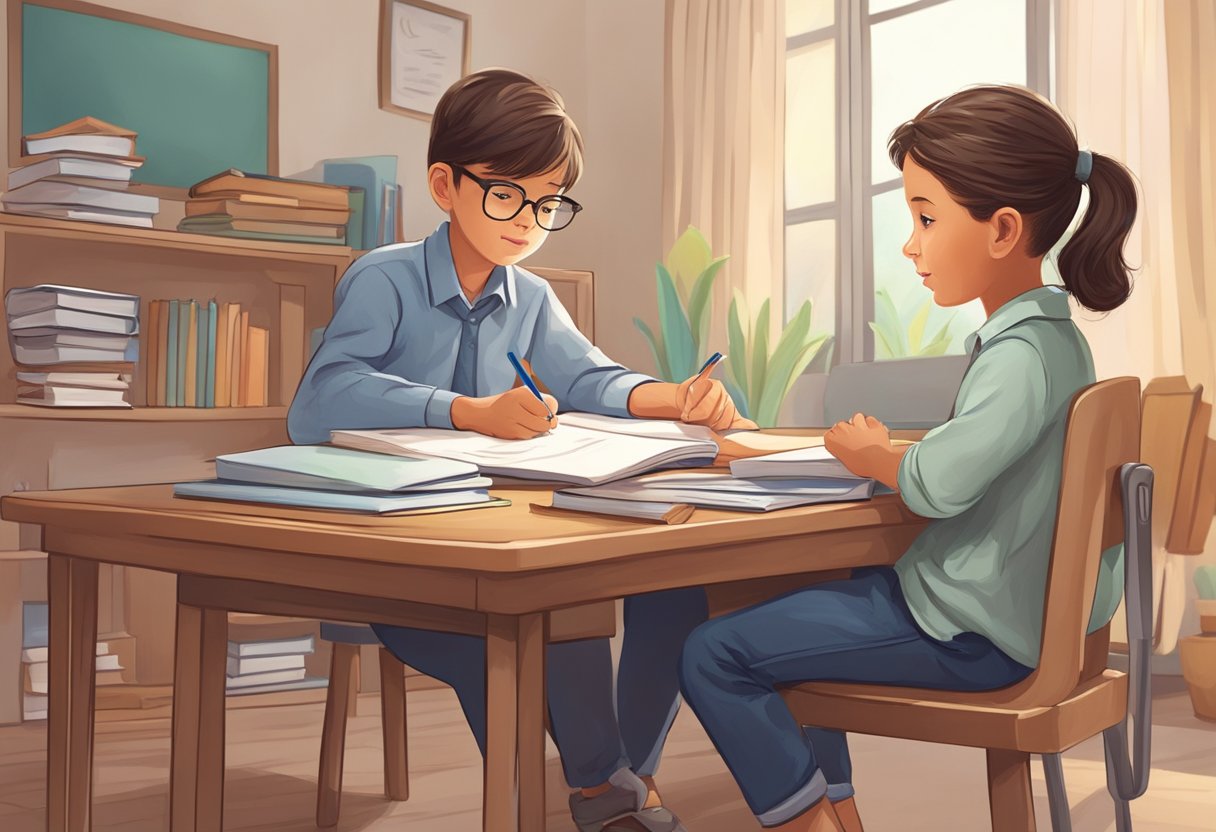 A child confidently asks for help with homework from a teacher, using clear communication and assertive body language