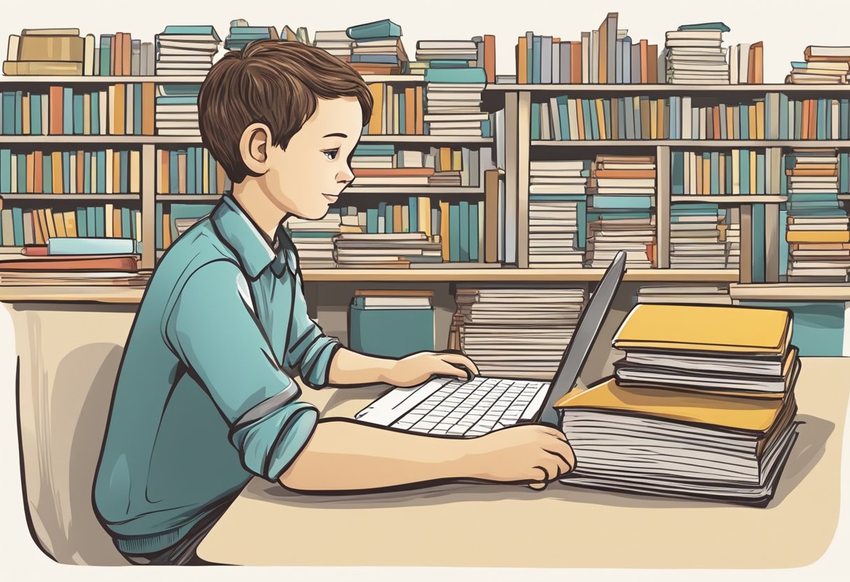 A child sits at a desk with books and a laptop, confidently asking for help from a parent or teacher. The child is actively participating in their own learning process