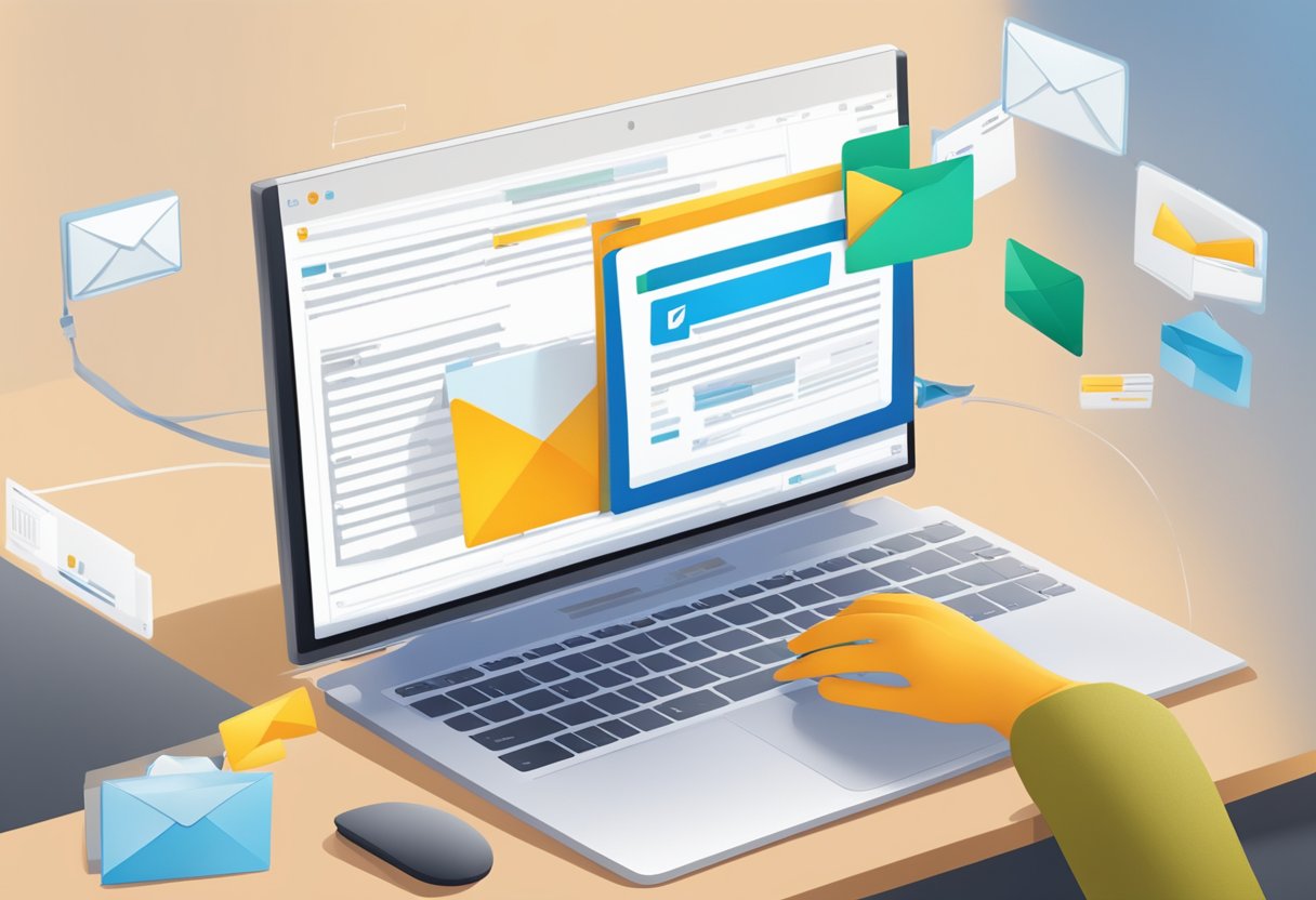 A computer screen displaying Outlook 365 interface with a file being dragged and dropped into the email body to create a link attachment