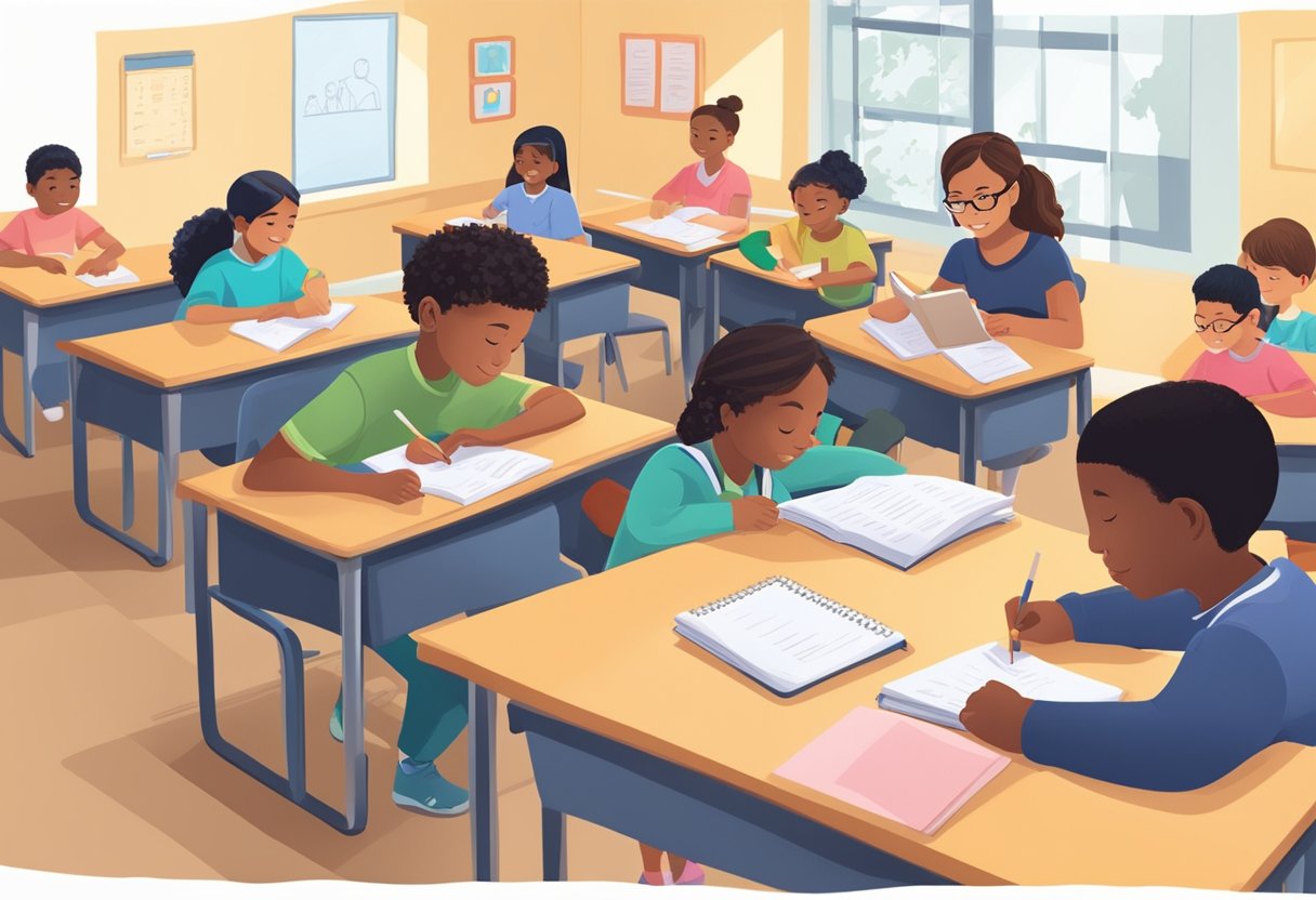 A classroom with diverse students working on homework independently, while a teacher provides guidance and resources for self-advocacy skills