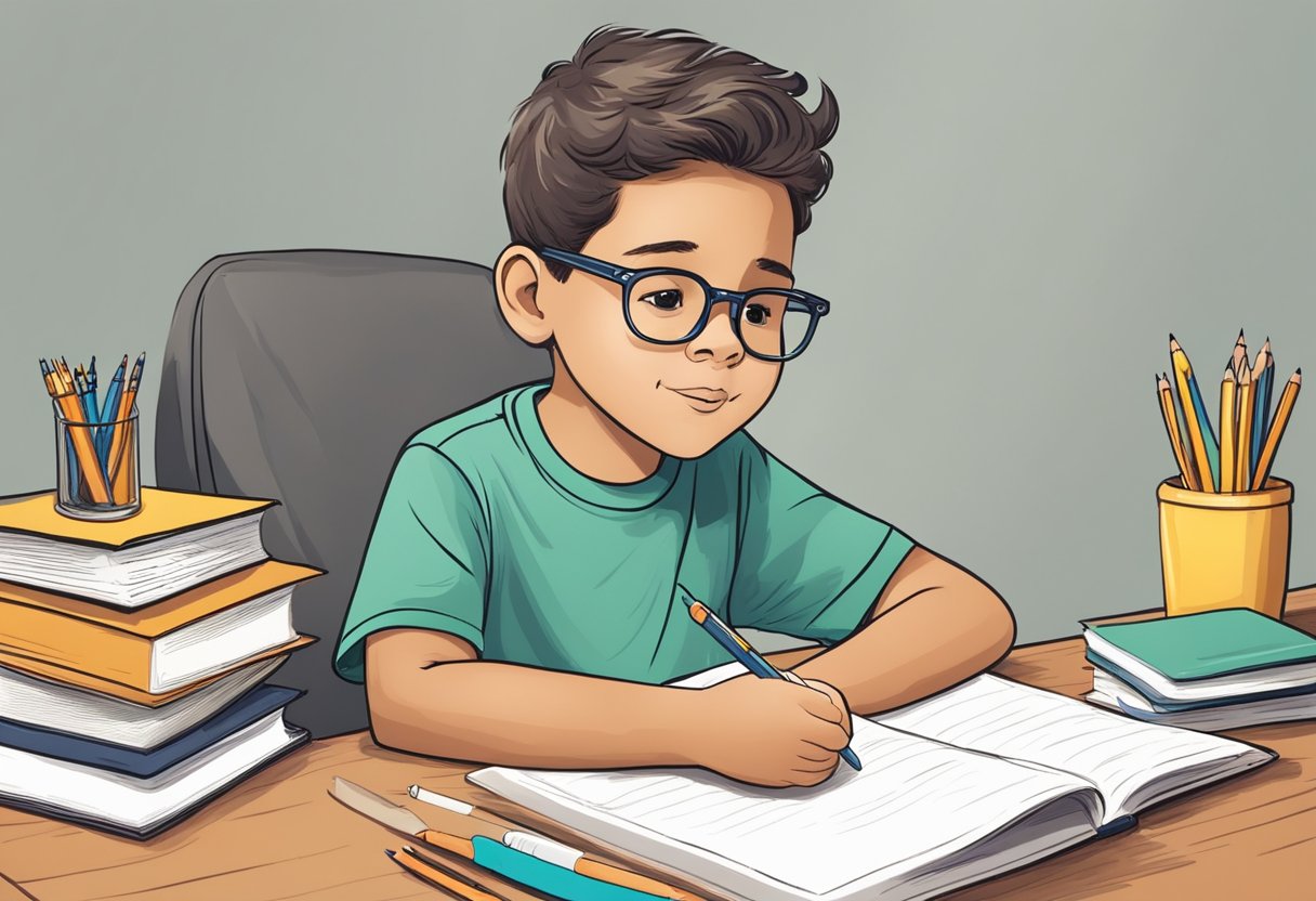 A child confidently organizes their homework materials and asks for help when needed, demonstrating self-advocacy skills at home
