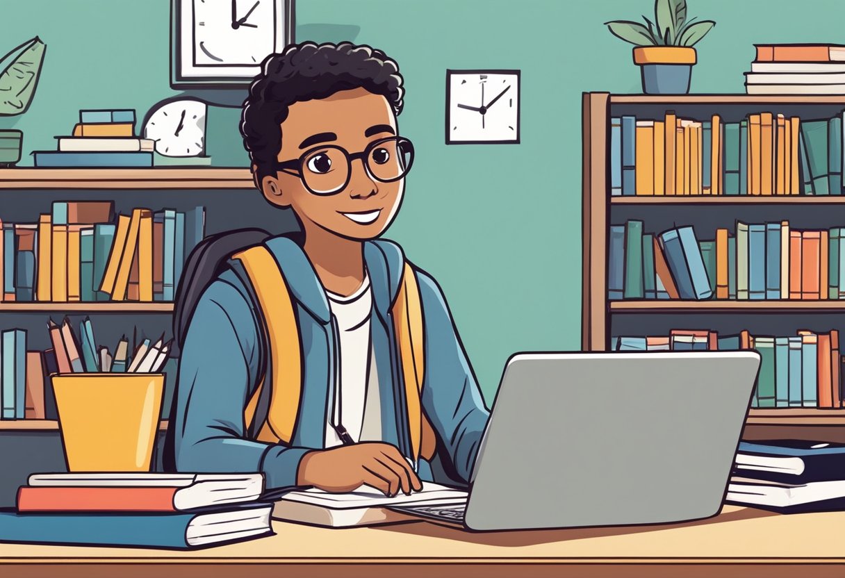 A student gathers books and a laptop, while confidently asking for help from a teacher or parent