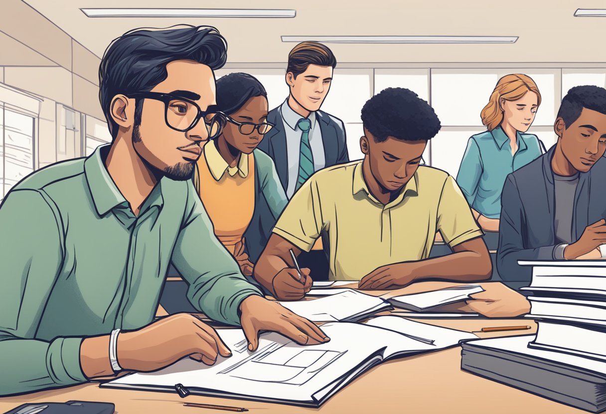 A student confidently asks for help at a desk, surrounded by supportive coworkers