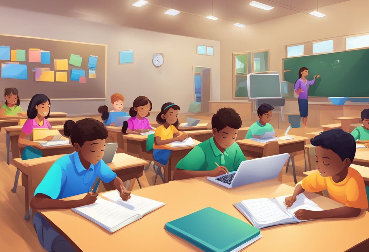 A classroom setting with children using technology to complete homework, while educators and parents observe and guide them