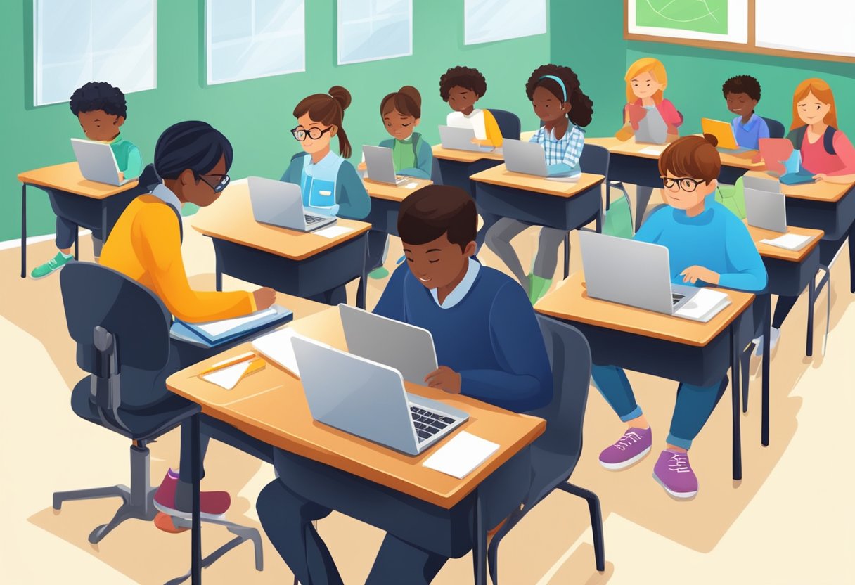 A classroom with students using laptops and tablets for homework. A teacher discusses the benefits and limitations of technology in learning