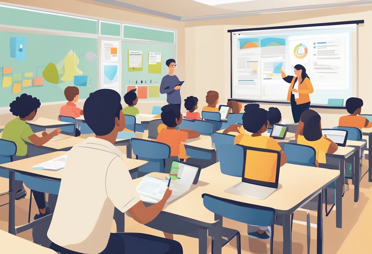 A classroom with students using technology for homework, while a teacher assesses learning outcomes and feedback methodologies