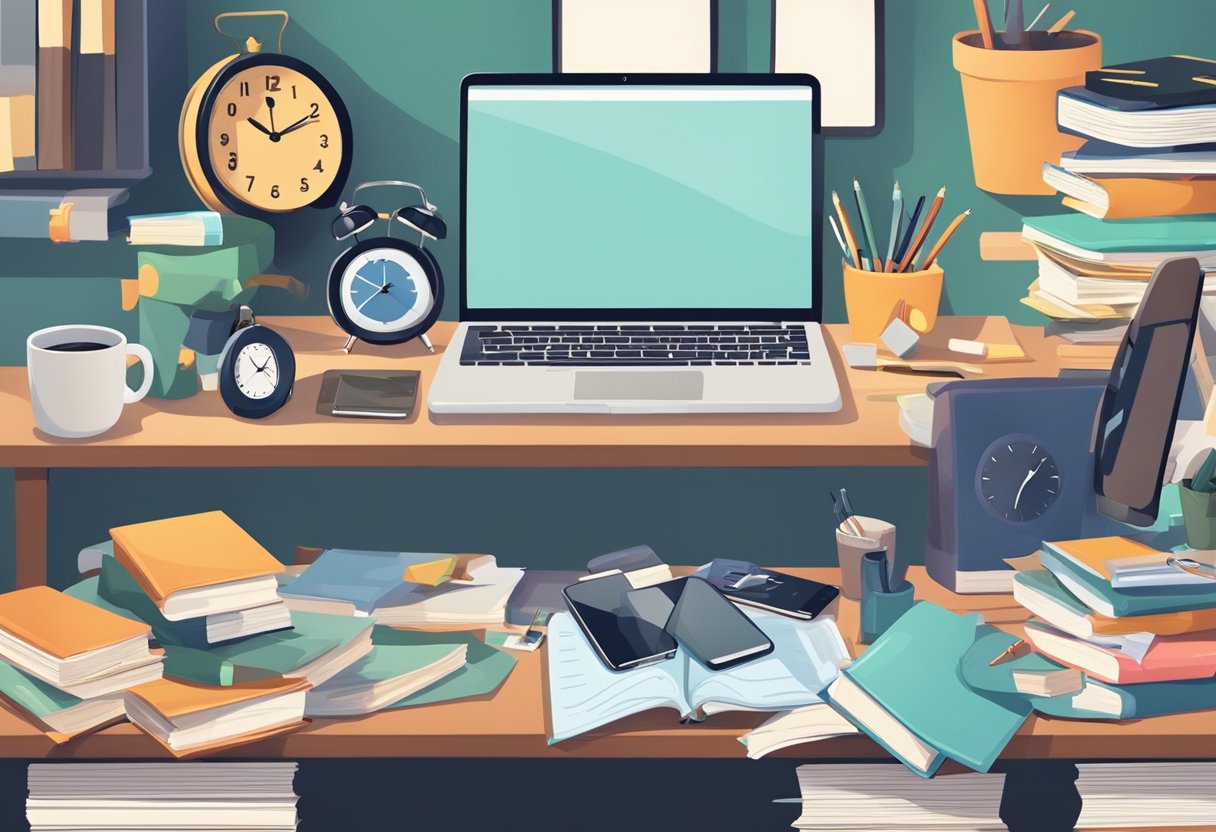 A cluttered desk with books, papers, and a phone. A clock shows time passing. Outside, distractions like friends and social media vie for attention