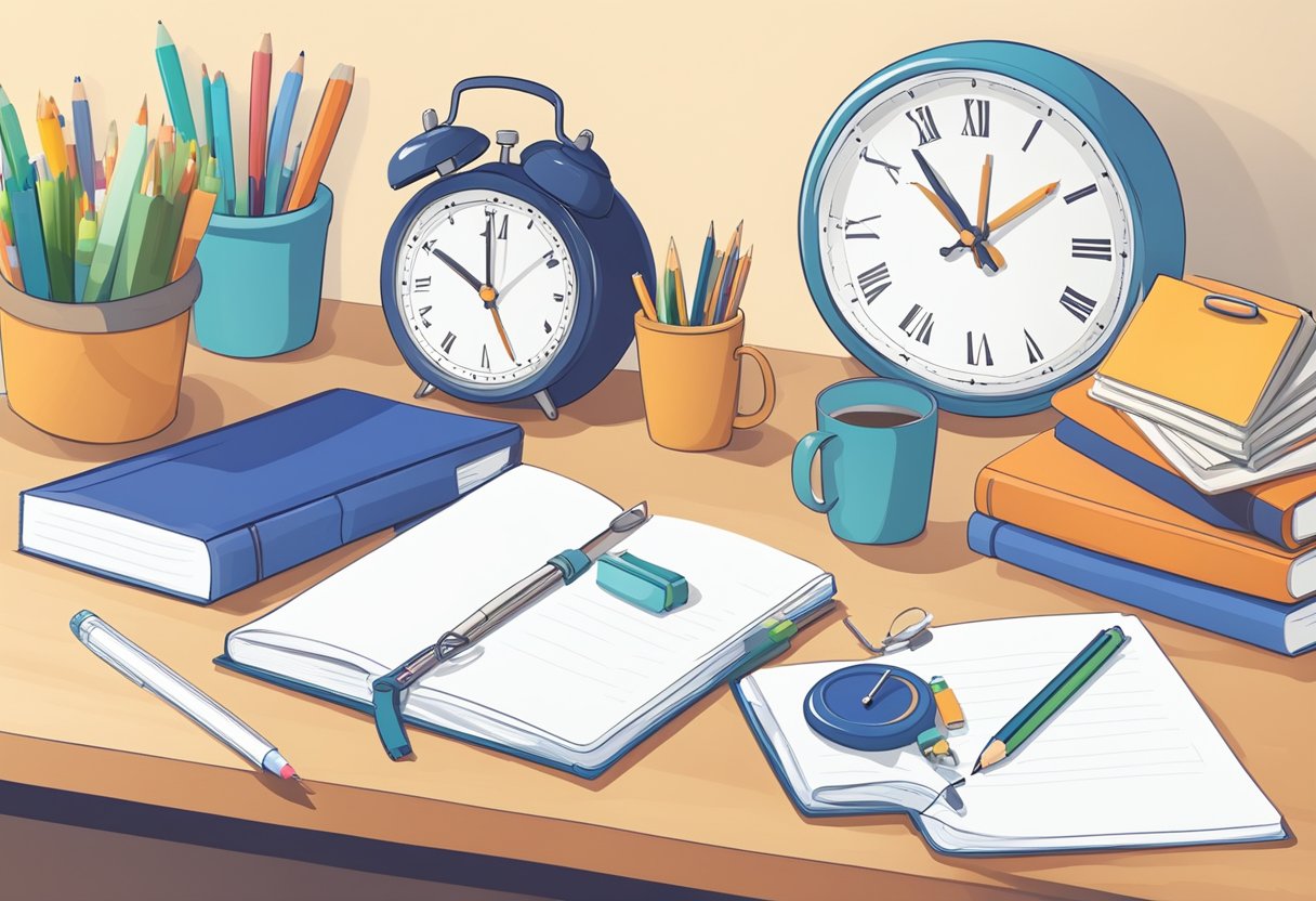 A neatly organized desk with a daily planner, textbooks, and a pencil cup. A clock on the wall shows a consistent time for studying