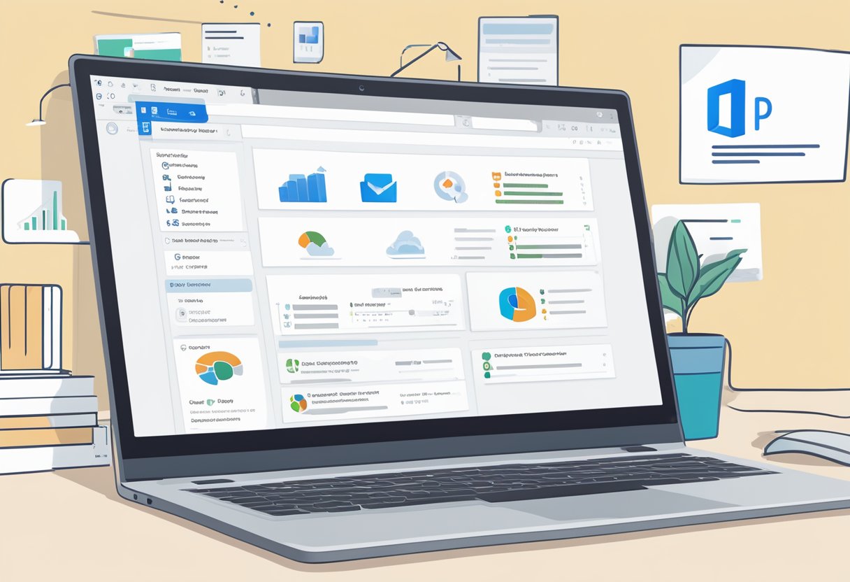 An open laptop displaying the Outlook interface, with a cursor hovering over the "Help" tab. The screen shows the steps to check the version of Outlook