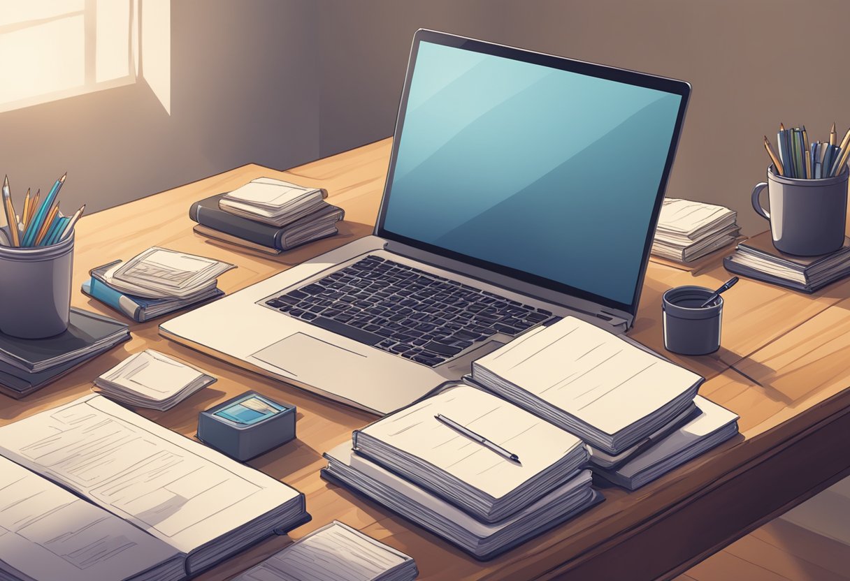 A desk with neatly organized books, papers, and a laptop, surrounded by a quiet and focused atmosphere