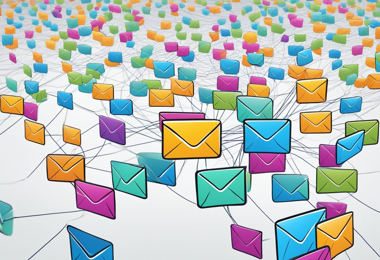 Multiple email threads merge in Outlook, symbolized by converging lines and interconnected speech bubbles. The interface shows the process of combining conversations