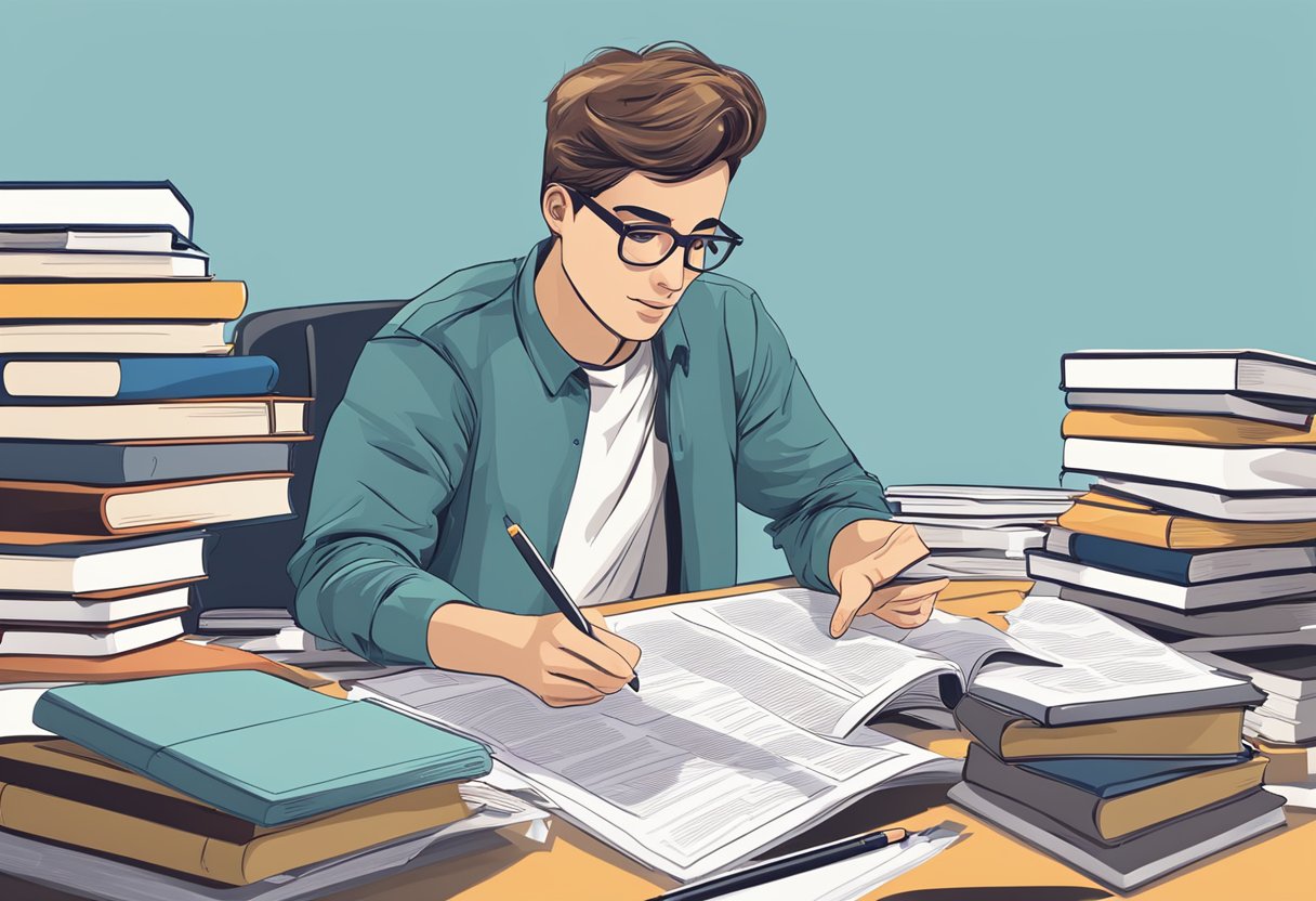 A student sits at a desk with a pile of books and papers. A tutor points to a passage, while a computer displays reading strategies