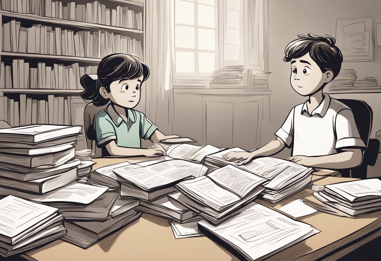 A child's desk cluttered with books and papers, a frustrated expression on their face. A parent sits nearby, offering support and encouragement