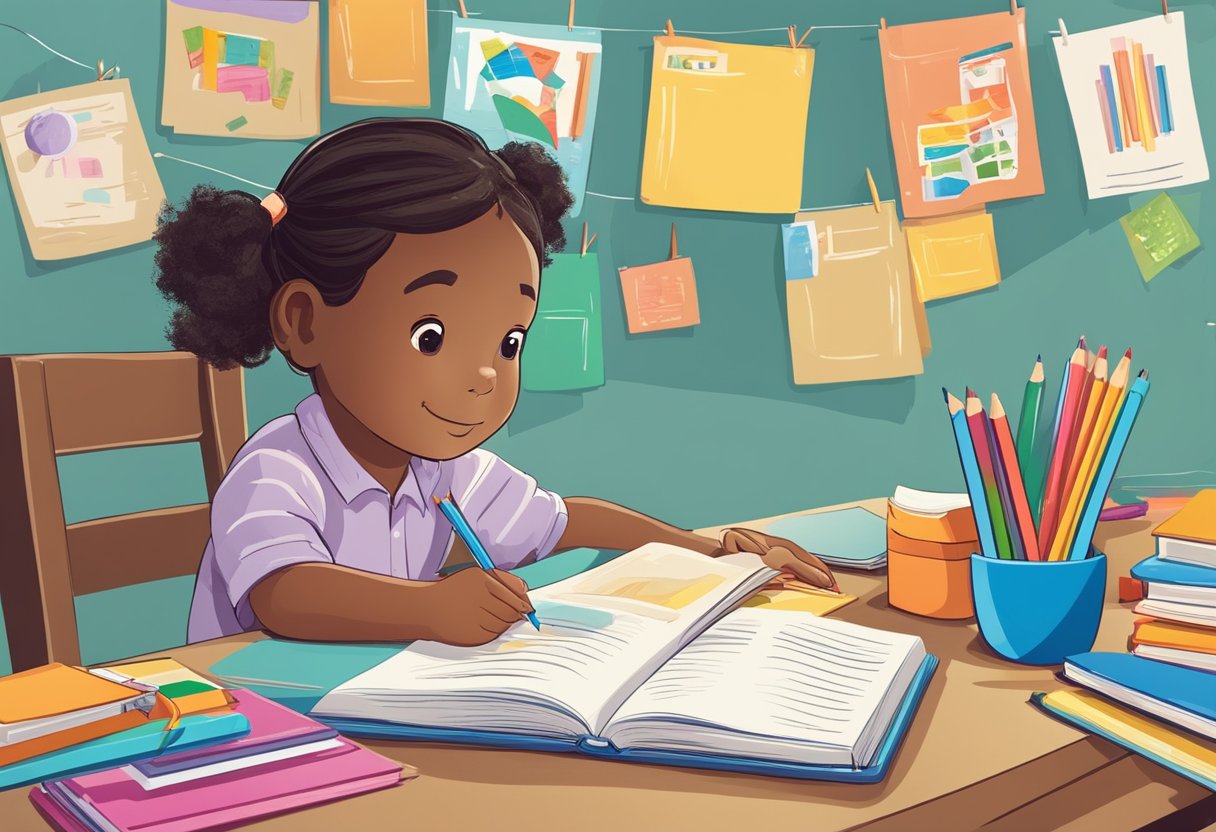 A child sits at a desk with a book open, surrounded by colorful posters and educational materials. A pencil and notebook are nearby, along with a bookmark and reading comprehension strategies