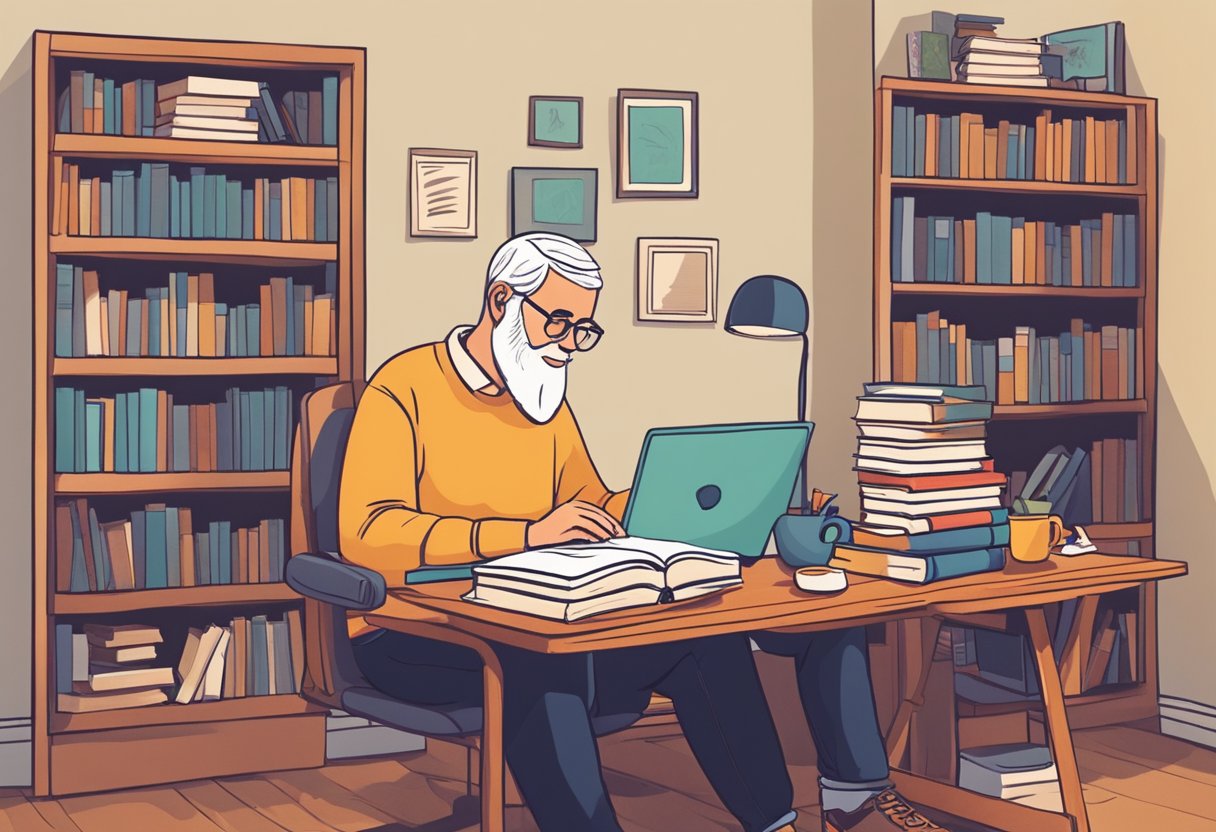 A cozy study area with a desk, bookshelves, and a variety of reading materials. A supportive adult figure is nearby offering guidance and encouragement
