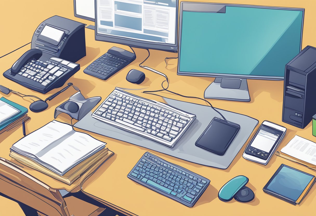 A desk with a computer and various assistive technology devices, such as a screen reader and speech-to-text software, surrounded by books and papers