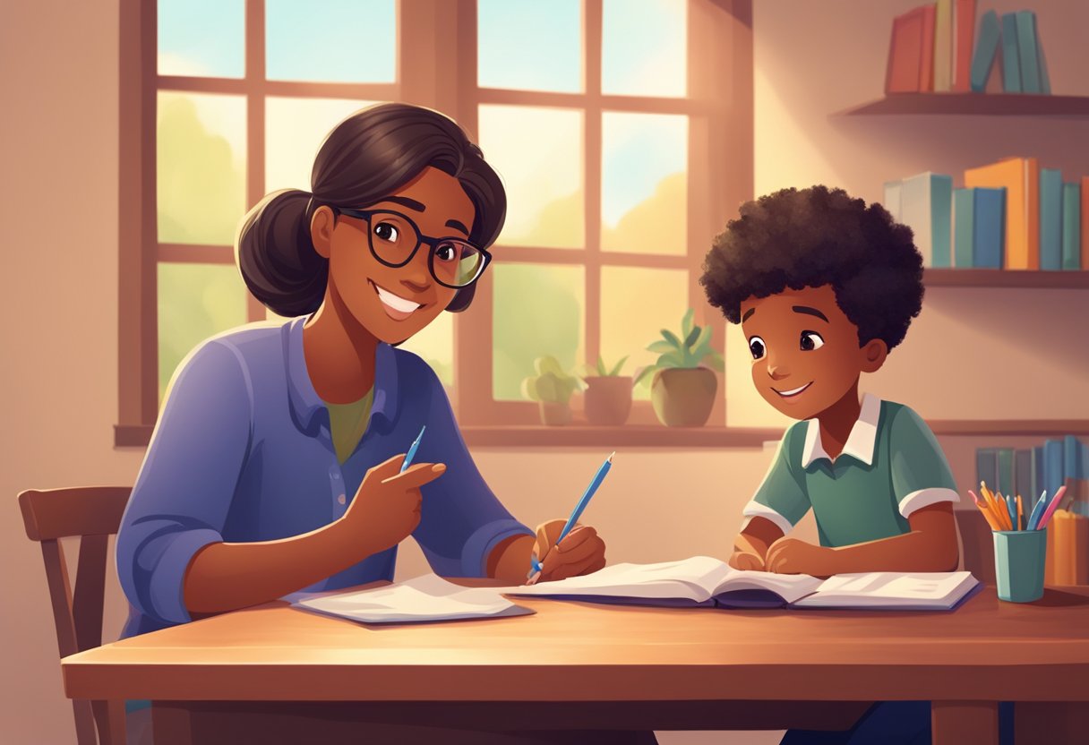A parent sits at a table with a child, pointing to a book and offering encouragement. The child looks engaged and focused on their homework. A cozy, supportive atmosphere is evident in the scene
