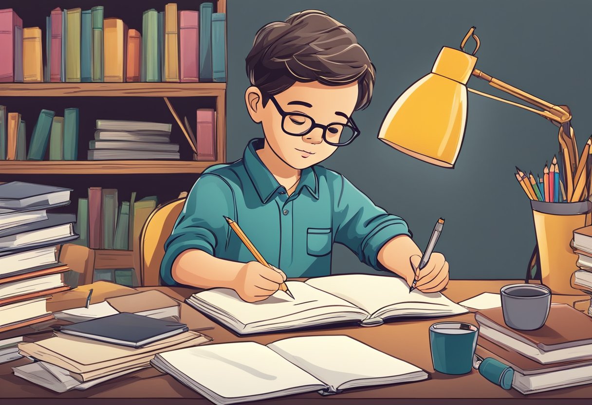 Helping Your Child Develop Effective Note-Taking Skills: A Step-by-Step Guide Note-taking LearningMole A child sitting at a desk, surrounded by books and papers, taking notes from a textbook onto a notebook with a pencil