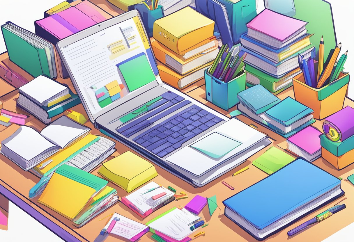 Helping Your Child Develop Effective Note-Taking Skills: A Step-by-Step Guide Note-taking LearningMole A cluttered desk with open textbooks and notebooks. Highlighters and sticky notes scattered across the surface. A laptop displaying study guides