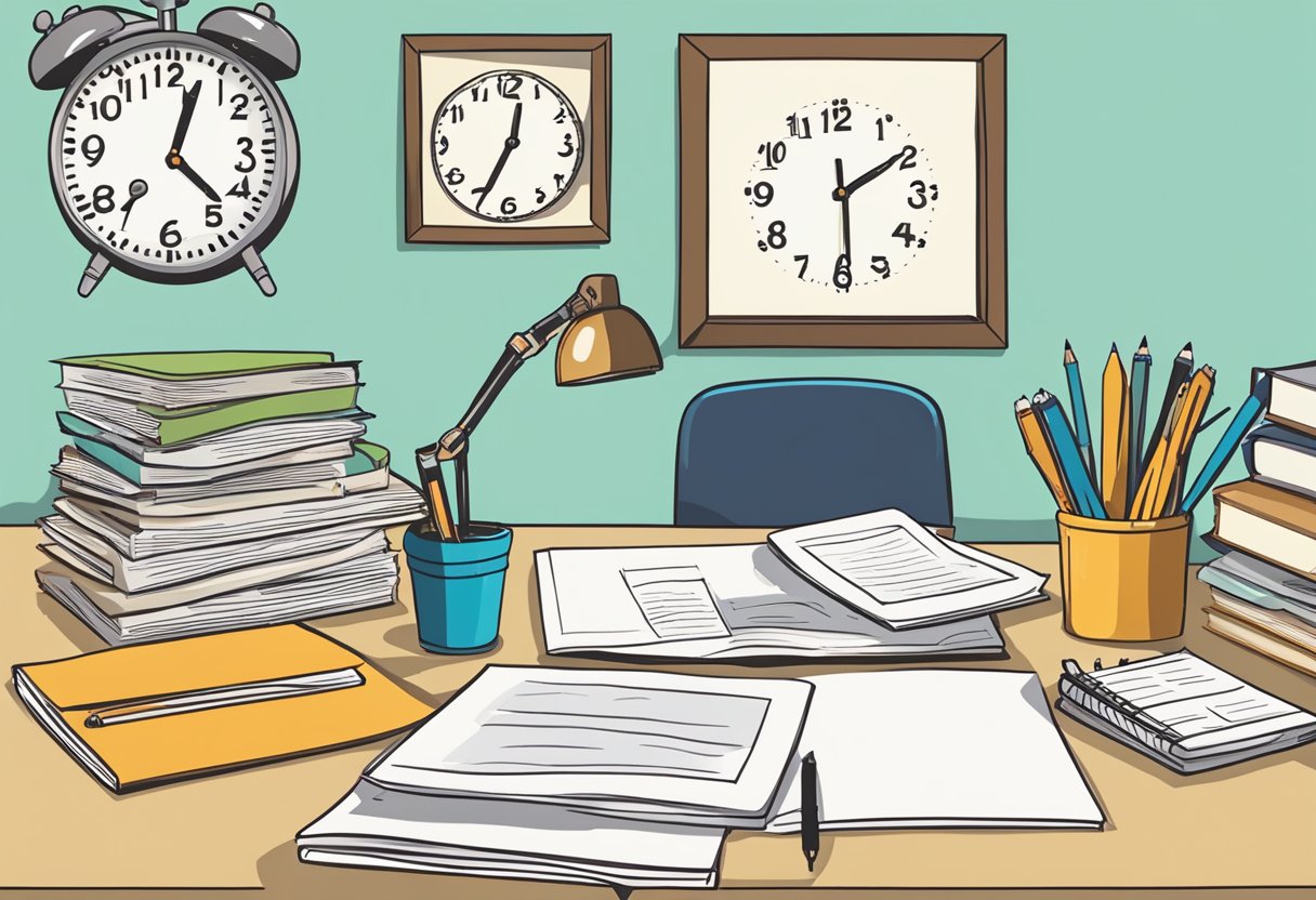 A desk with neatly organized homework papers, a notebook, and a pen. A clock on the wall shows the passage of time. A thought bubble above the desk illustrates the process of reviewing and reflecting on completed homework