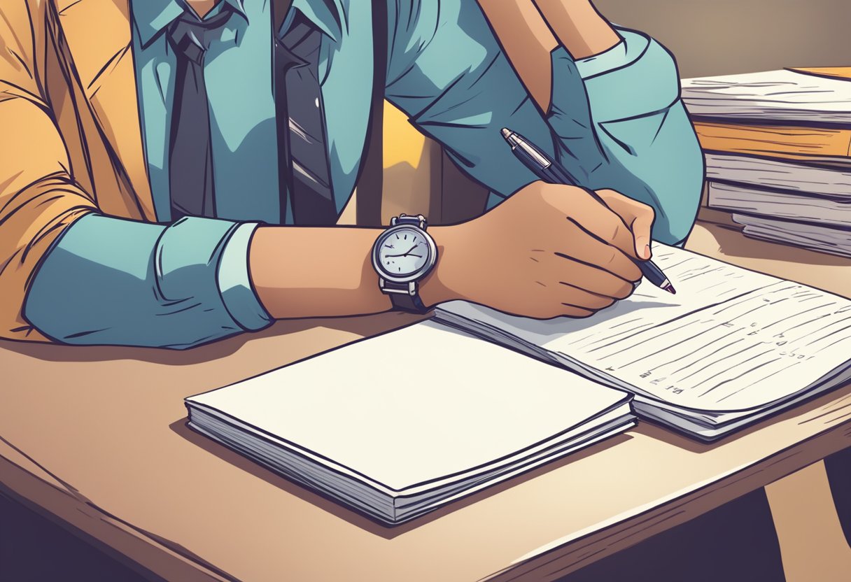 A desk with completed homework papers, a textbook, and a notebook. A student's hand holding a pen, underlining key points. A thought bubble with the word "reflection" above the desk