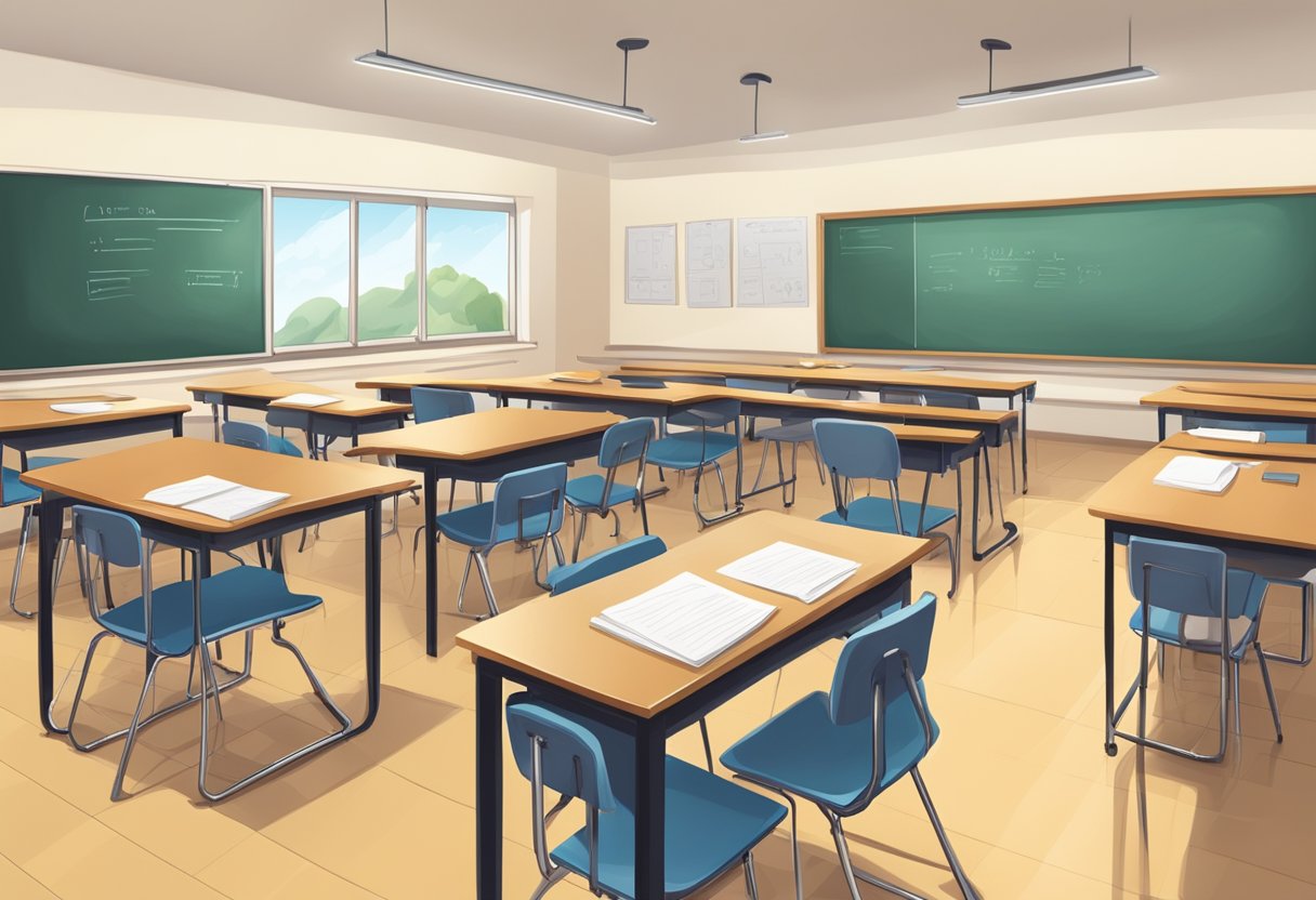 A classroom with a neatly organized curriculum board and students' completed homework spread out for review and reflection
