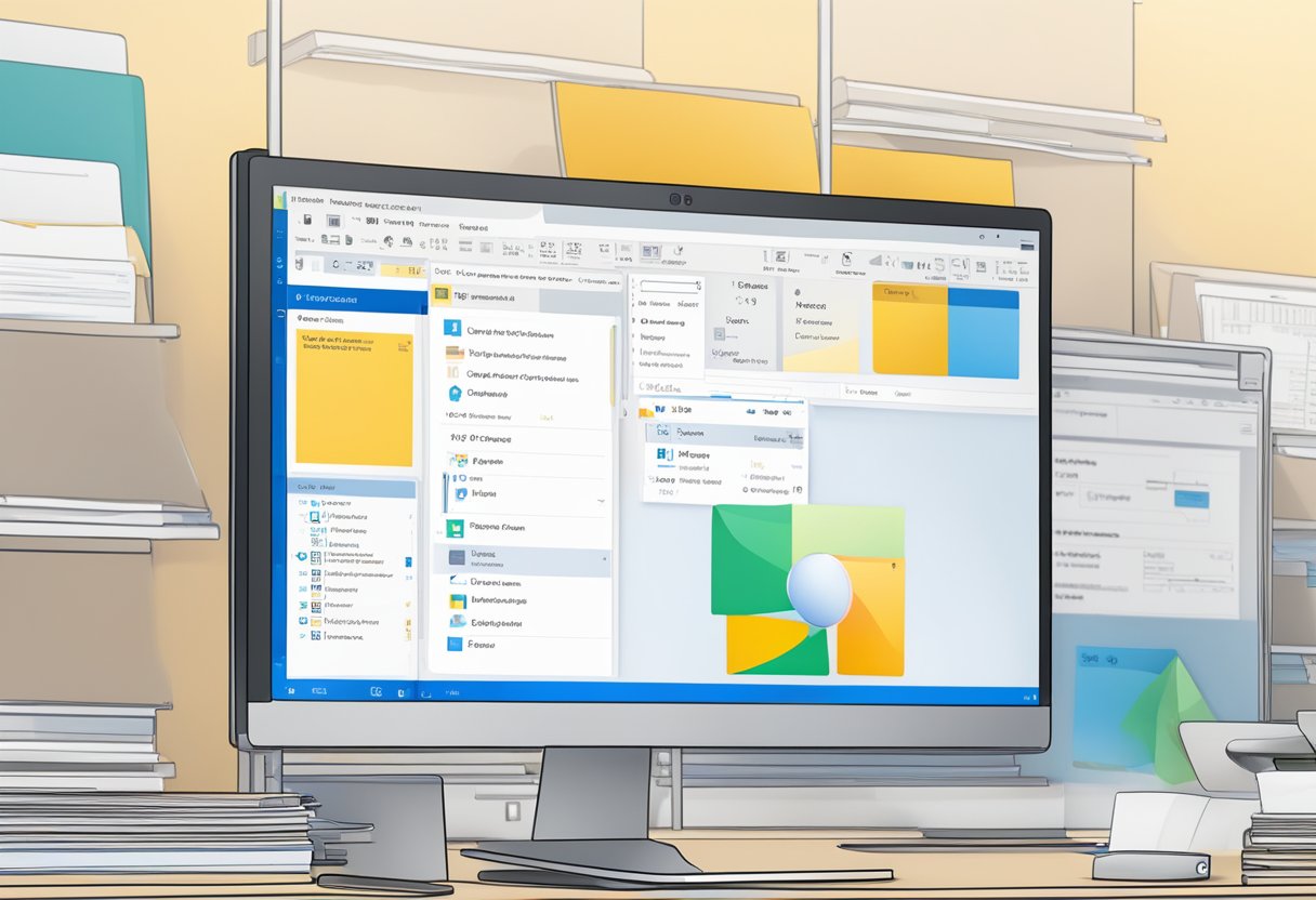 A computer screen with Outlook open, showing the main interface with folders and search bar. A hidden folder is highlighted and being clicked on to reveal its contents
