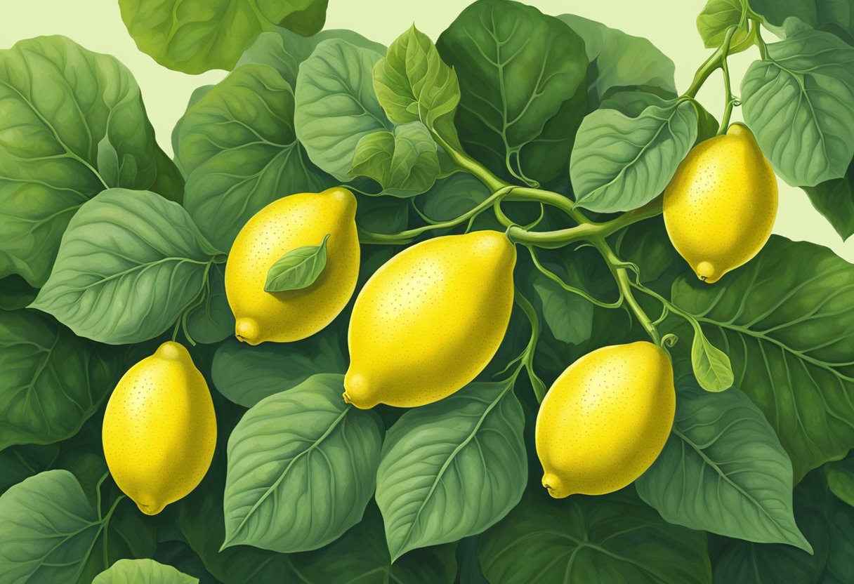 Lemon cucumbers hang from the vine, their vibrant yellow skin contrasting against the lush green leaves. The cucumbers are plump and firm, indicating they are ready for harvest