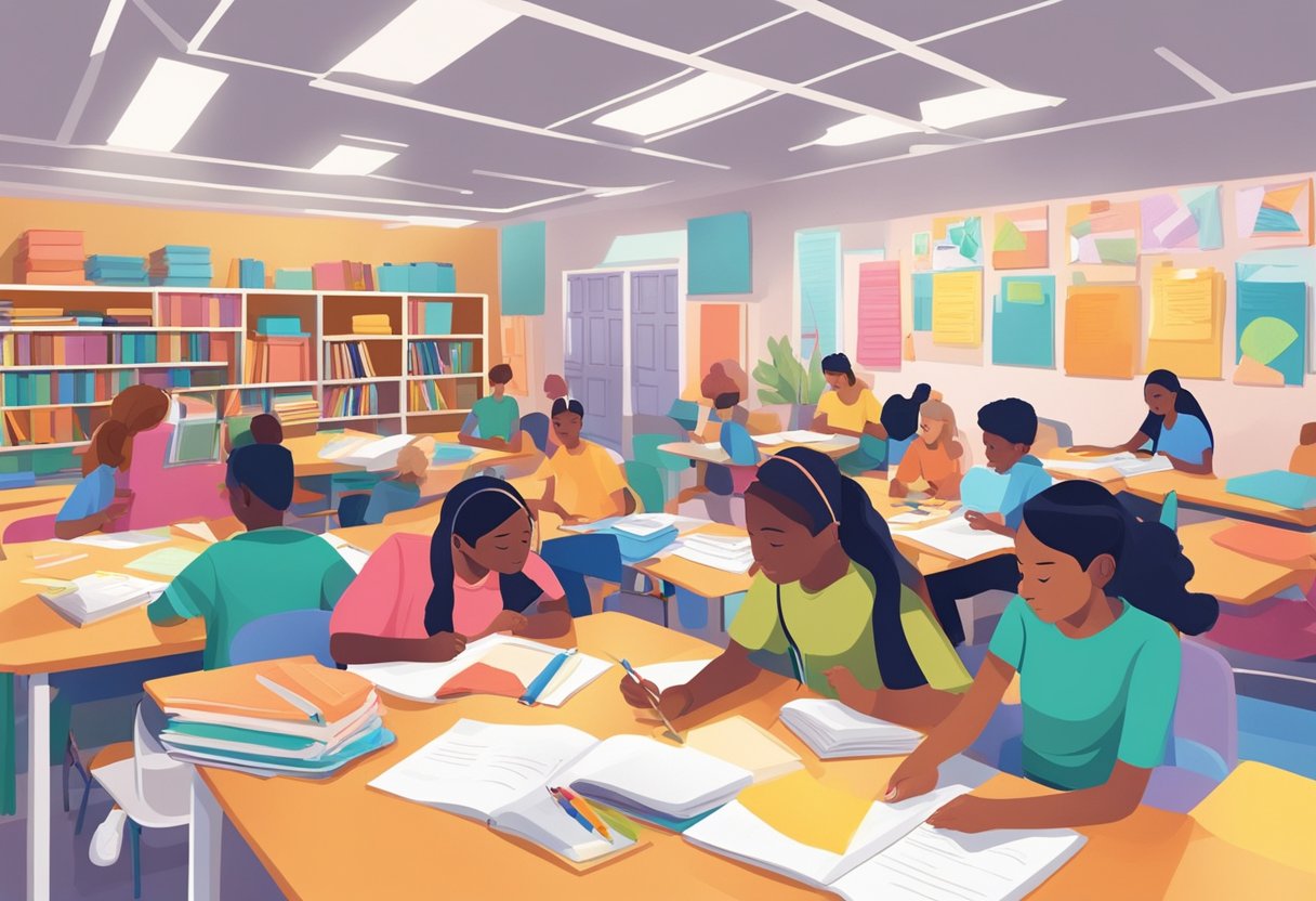 Students surrounded by various materials, exploring, creating, and collaborating on open-ended homework tasks in a colorful, organized, and inviting space