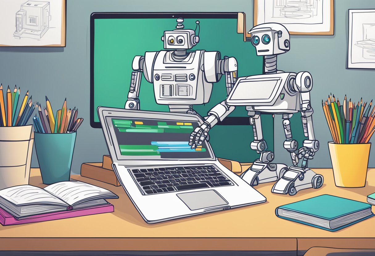 A laptop and tablet sit on a desk, surrounded by art supplies and books. A child's drawing of a robot and a computer screen displaying a coding program show the integration of technology into homework tasks