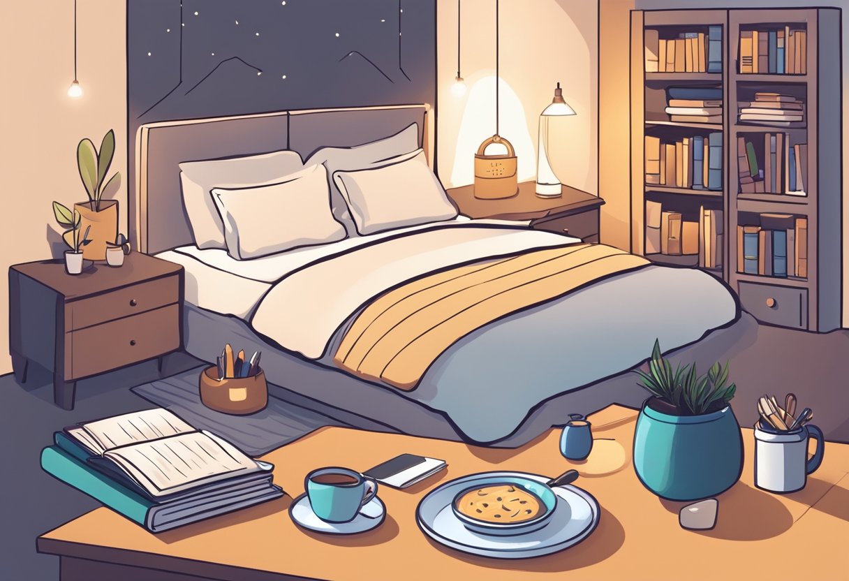 A cozy bedroom with a balanced meal on a desk, surrounded by books and a comfortable bed. A clock shows it's nighttime, emphasizing the importance of sleep for cognitive function