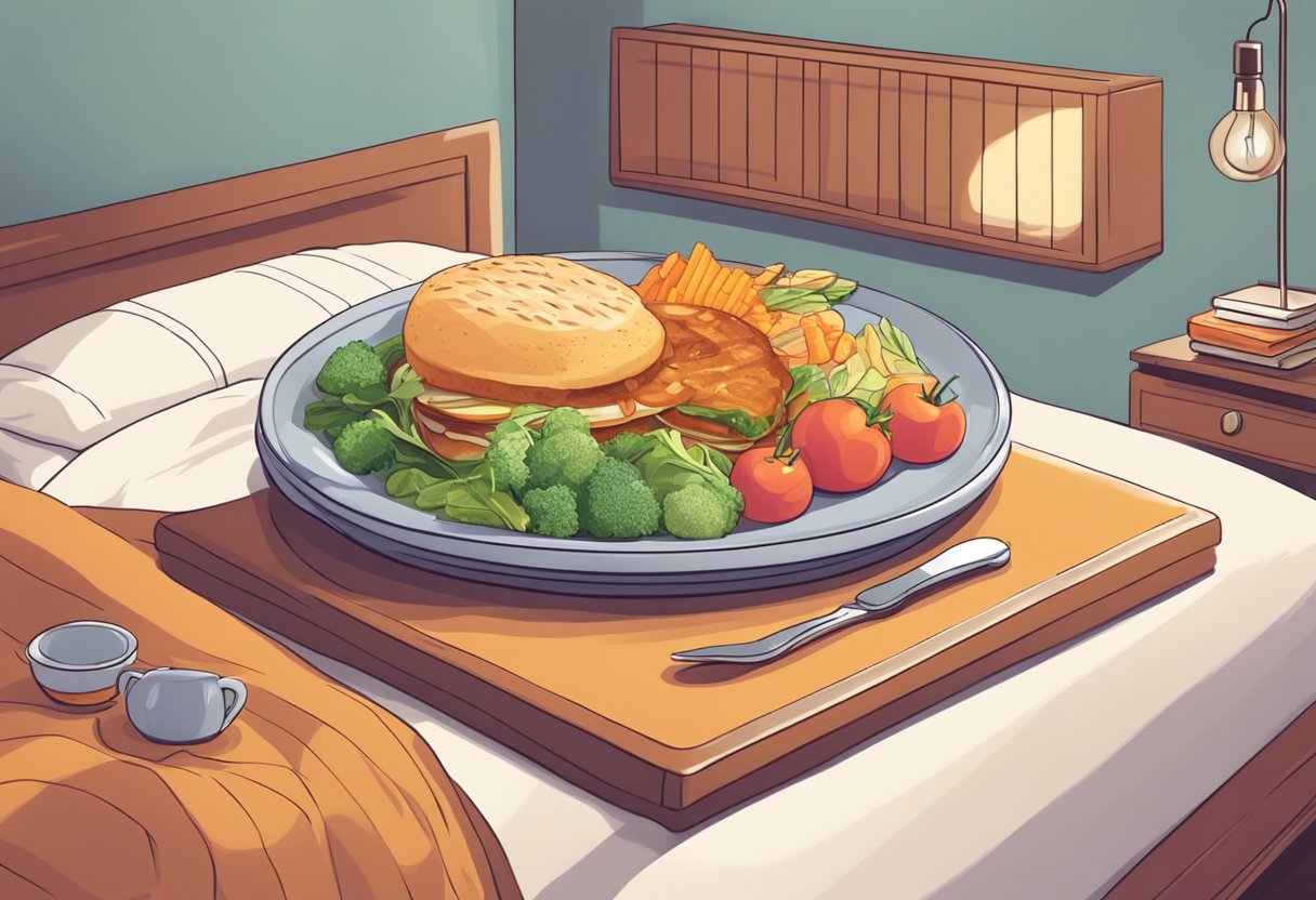 A well-balanced plate of food sits next to a cozy bed, suggesting the importance of nutrition and sleep for academic success