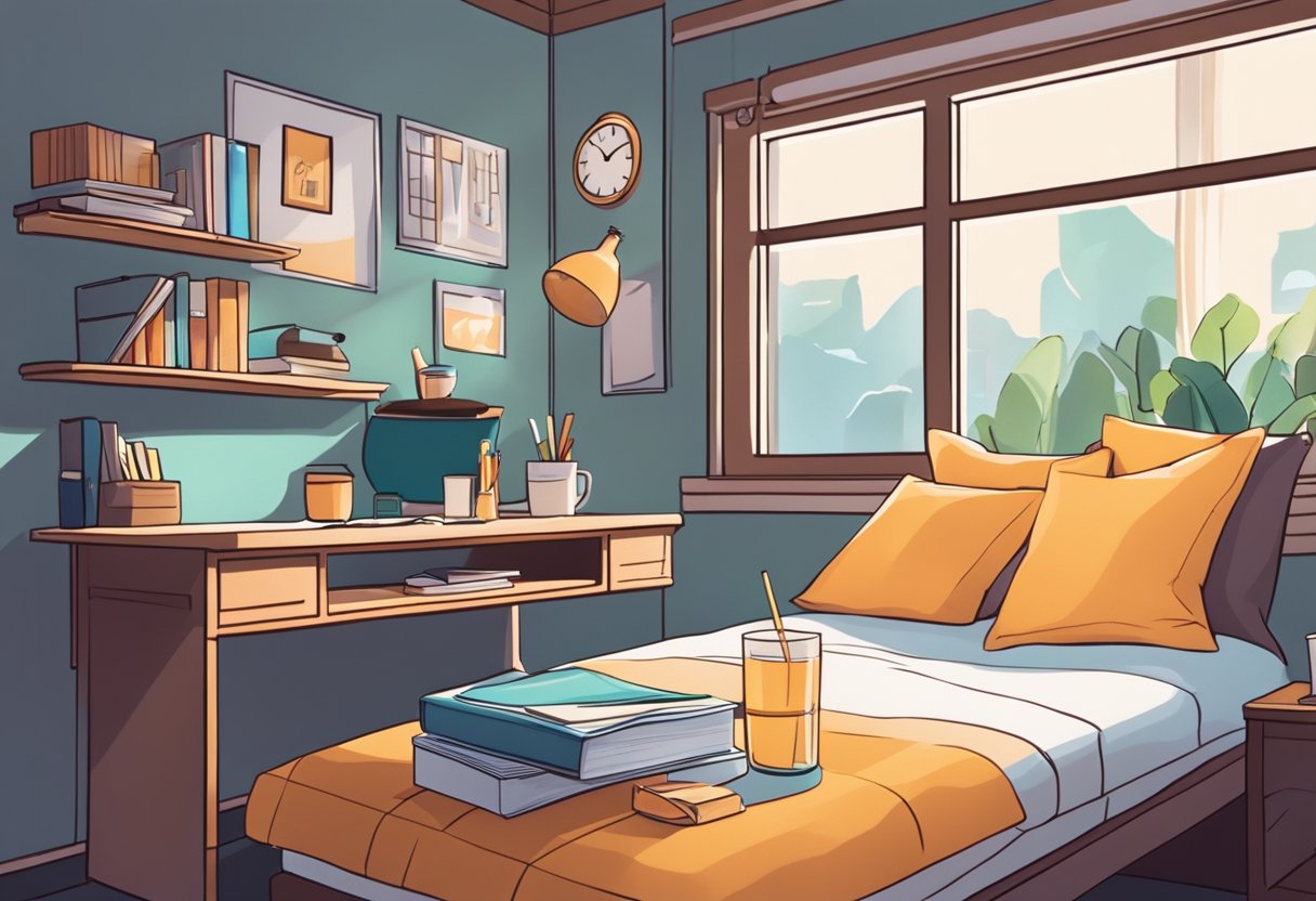 A cozy bedroom with a desk, books, and a healthy snack. A clock shows late night. A glass of water sits next to a bed