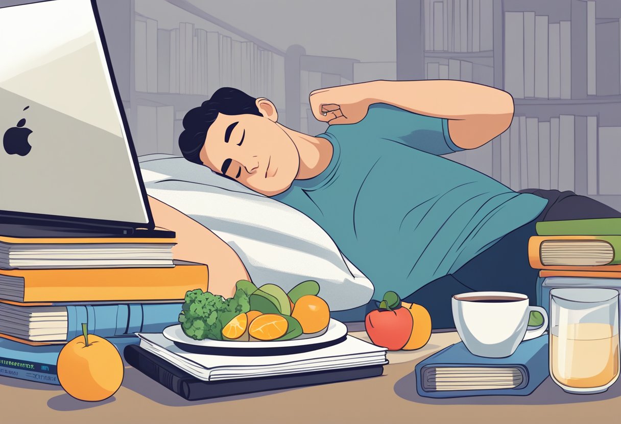 A person wearing a fitness tracker while sleeping, with a plate of healthy food next to a stack of books and a laptop