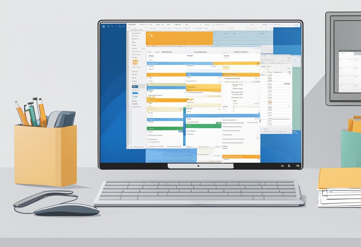 A computer screen displaying the Microsoft Outlook interface with a calendar open, showing the process of setting up recurring emails