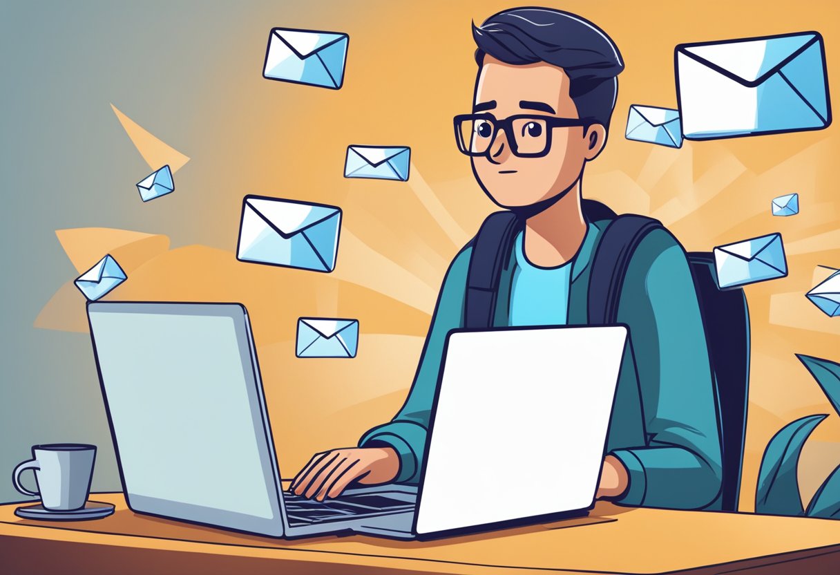 An open laptop displaying an Outlook inbox with emails shifting around. A puzzled expression on the user's face as they try to figure out why the inbox keeps moving