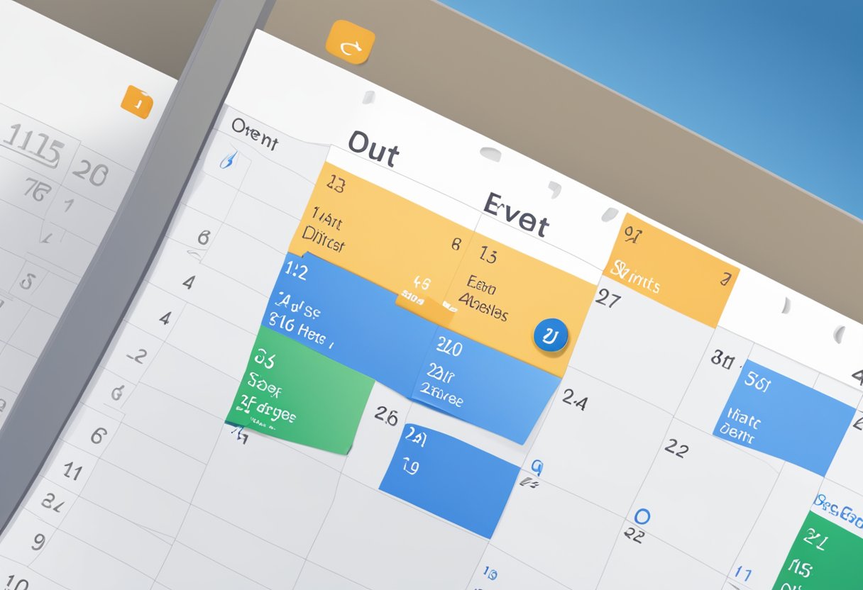 An open Outlook calendar with a highlighted event, a cursor clicking on the "duplicate" option, and the duplicated event appearing below the original