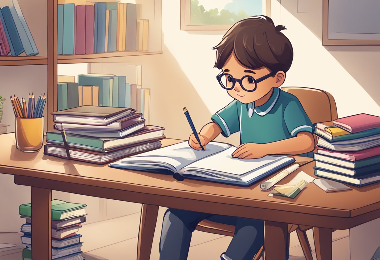 A child sitting at a desk, surrounded by books, notebooks, and study materials. They are focused and engaged in creating a study plan and organizing their resources for effective test preparation