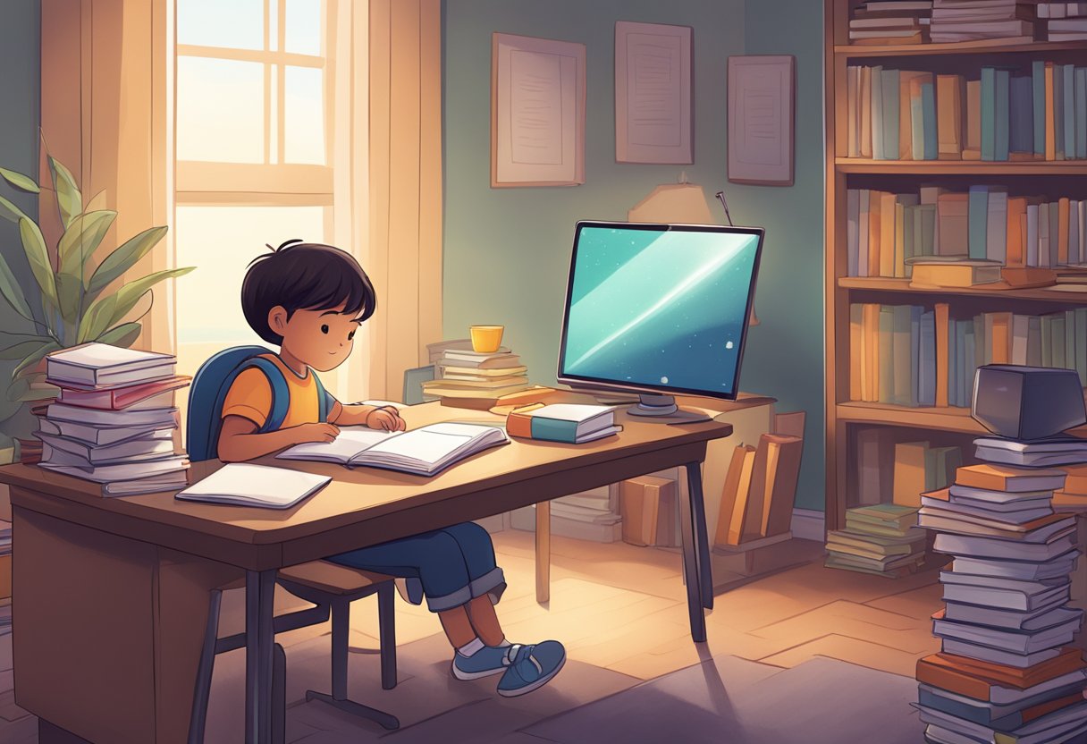 A quiet room with a desk, books, and a computer. A child sits focused, surrounded by study materials, preparing for an upcoming test