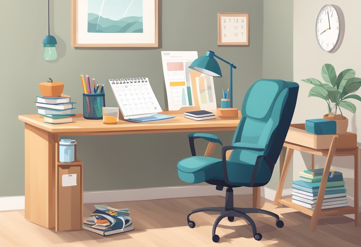 A desk with organized study materials, a water bottle, healthy snacks, and a calendar for scheduling study sessions. A comfortable chair and good lighting complete the scene