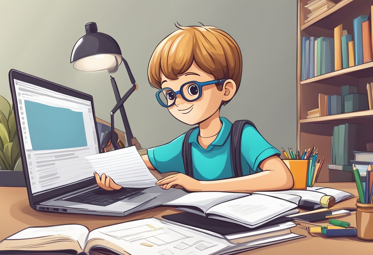 A child sitting at a desk with a laptop and various study materials, utilizing online resources and technology for effective test preparation