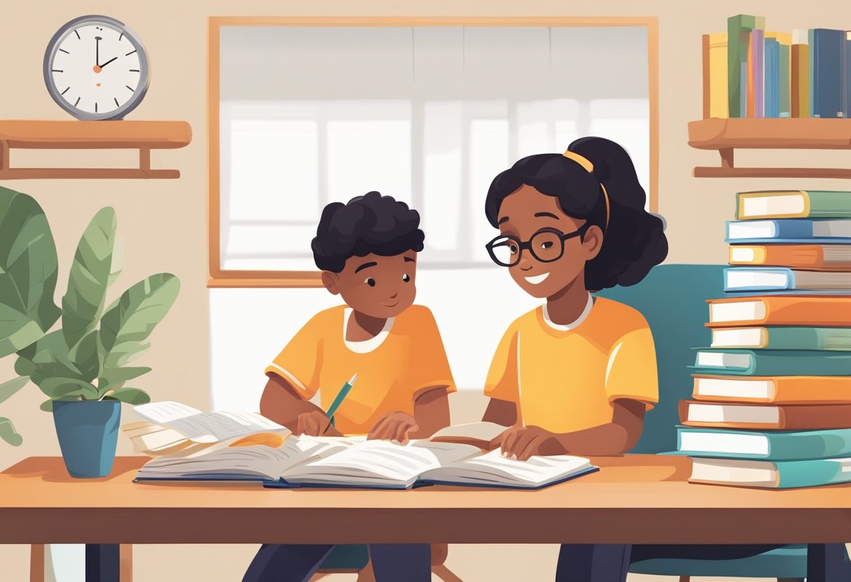 A child's study area with books, notes, and a calendar. A parent and child discussing study strategies. An open laptop displaying a study schedule