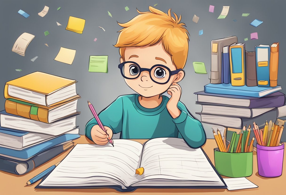 A child surrounded by study materials, organizing notes and practicing test-taking strategies