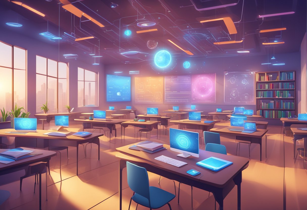 The Importance of Modeling Lifelong Learning Attitudes in Nurturing Continuous Growth Lifelong Learning LearningMole A futuristic classroom with holographic displays and interactive learning tools, surrounded by books and symbols of technology
