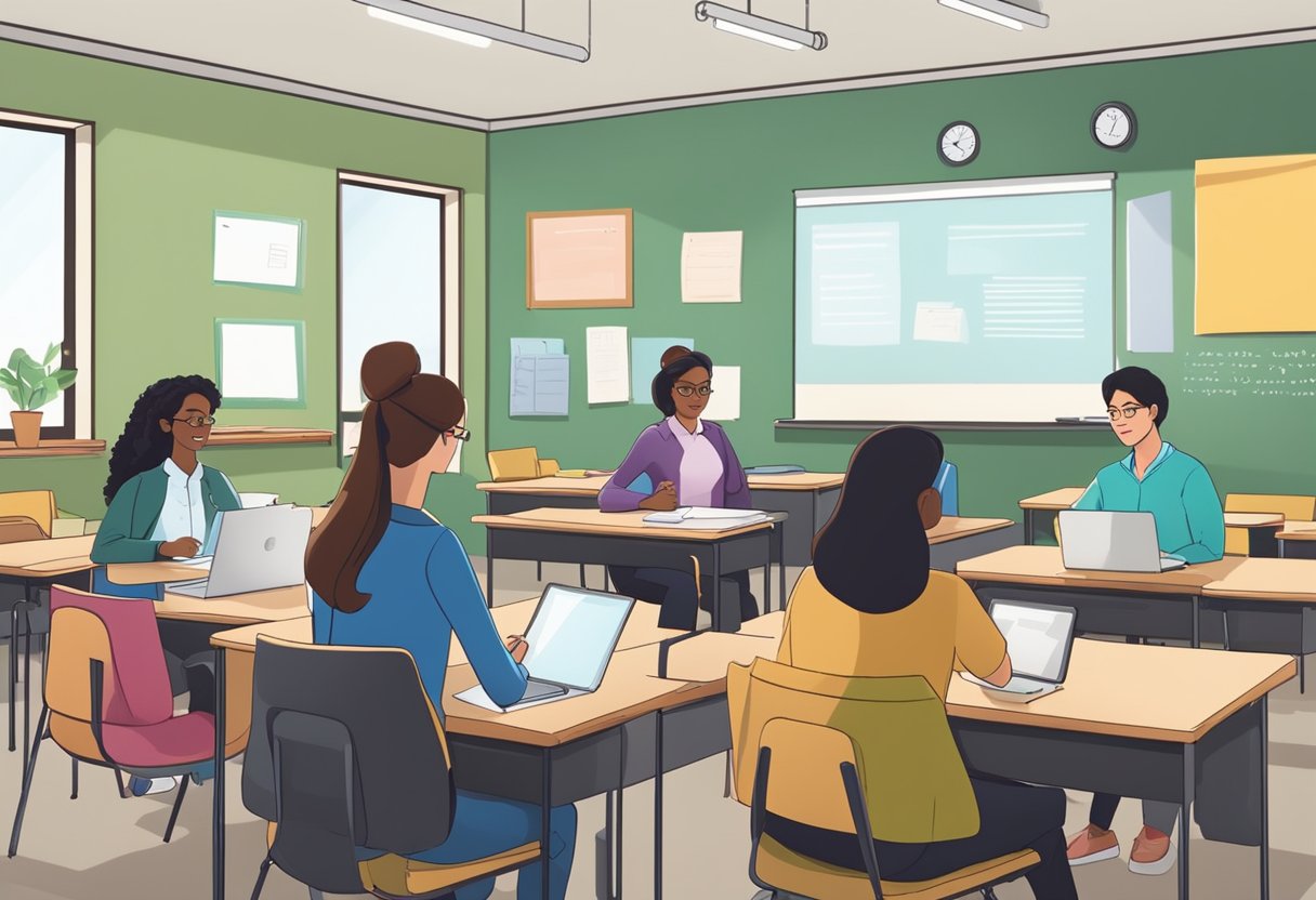Teachers and a third-party discuss homework accommodations in a classroom setting. Materials such as textbooks, laptops, and papers are visible on desks