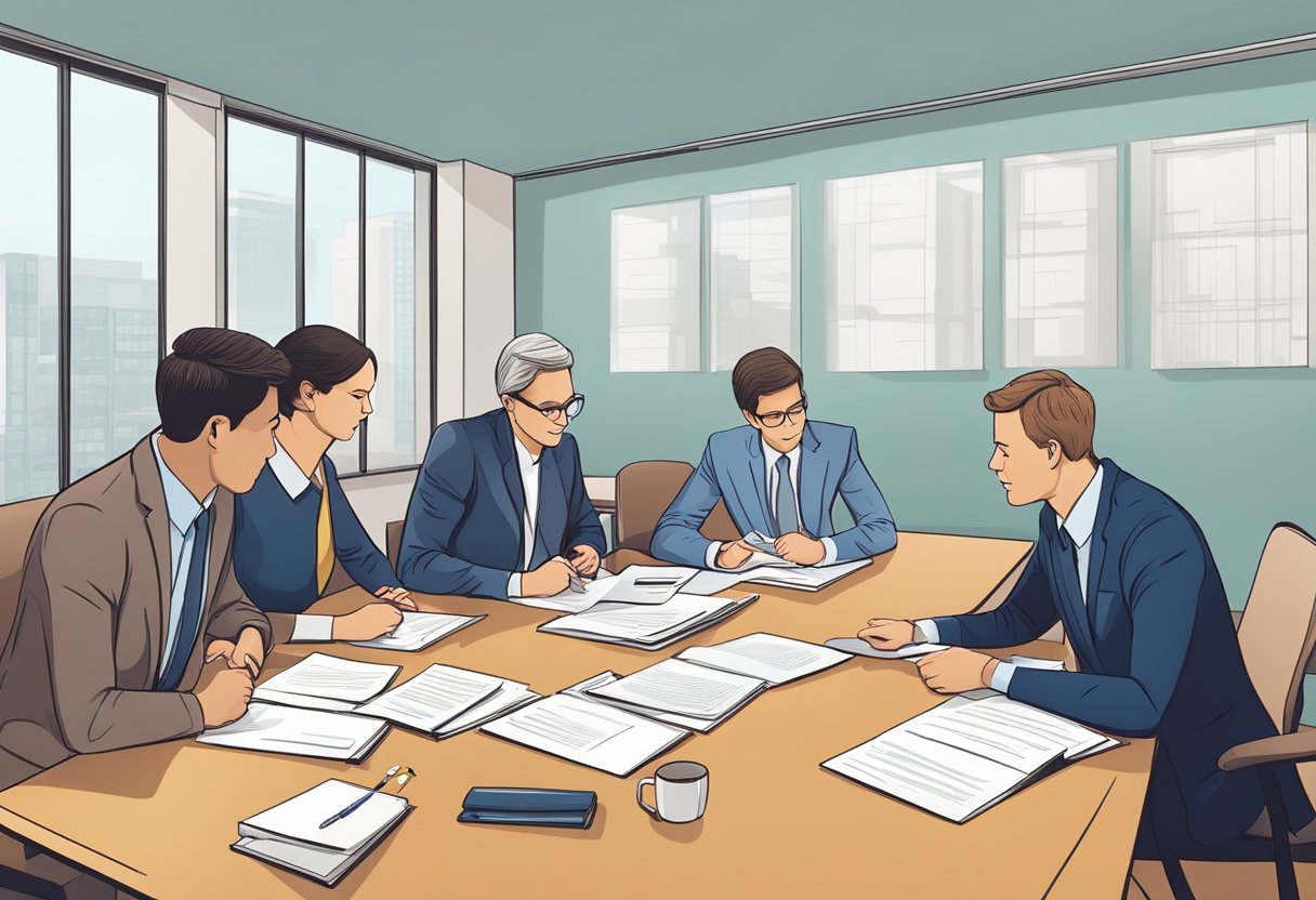 Teachers and policymakers discuss homework accommodations in a meeting room with legal documents and educational materials on the table