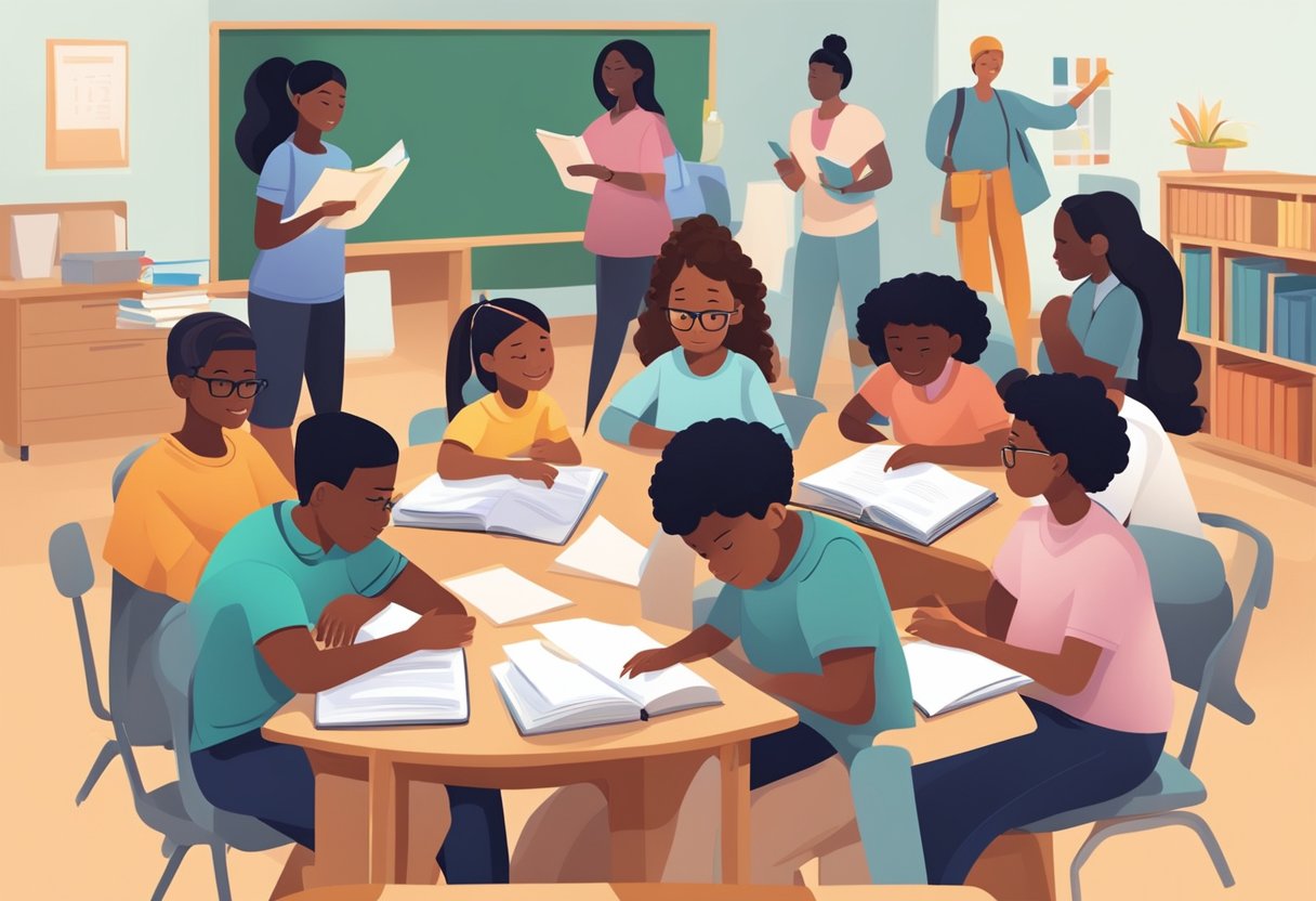 A group of diverse individuals collaborates on homework accommodations, symbolizing inclusion and equity. Teachers and students work together in a supportive environment