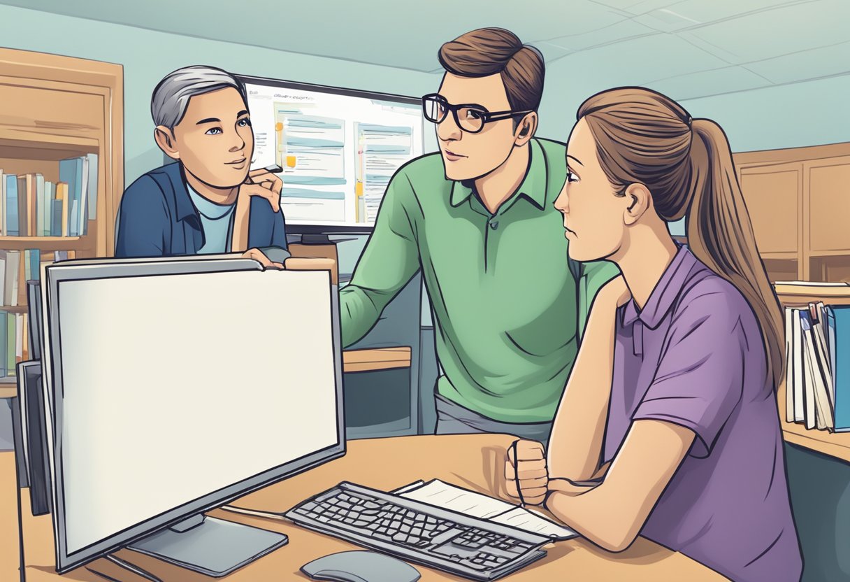 A teacher and a third-party are discussing homework accommodations, with a list of frequently asked questions displayed on a computer screen