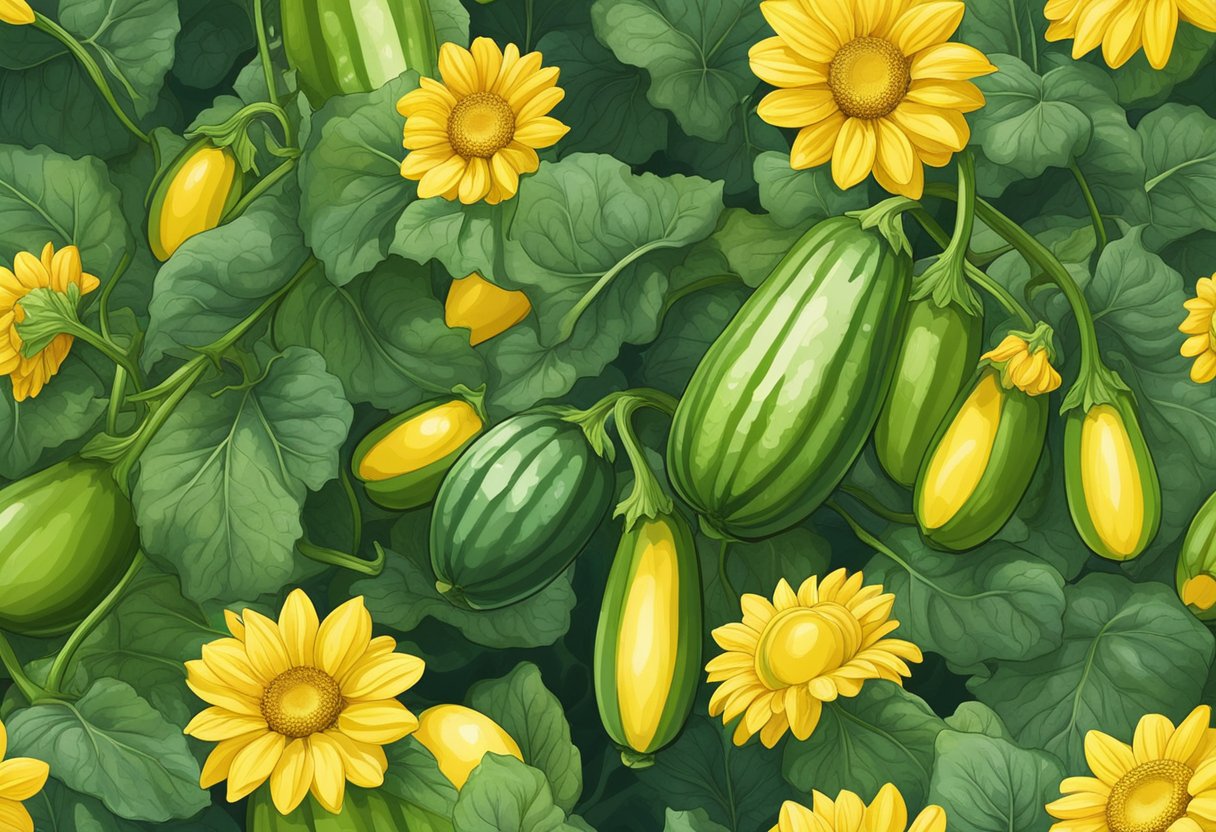 Ripe zucchinis hang from leafy green vines in a garden, with bright yellow flowers nearby